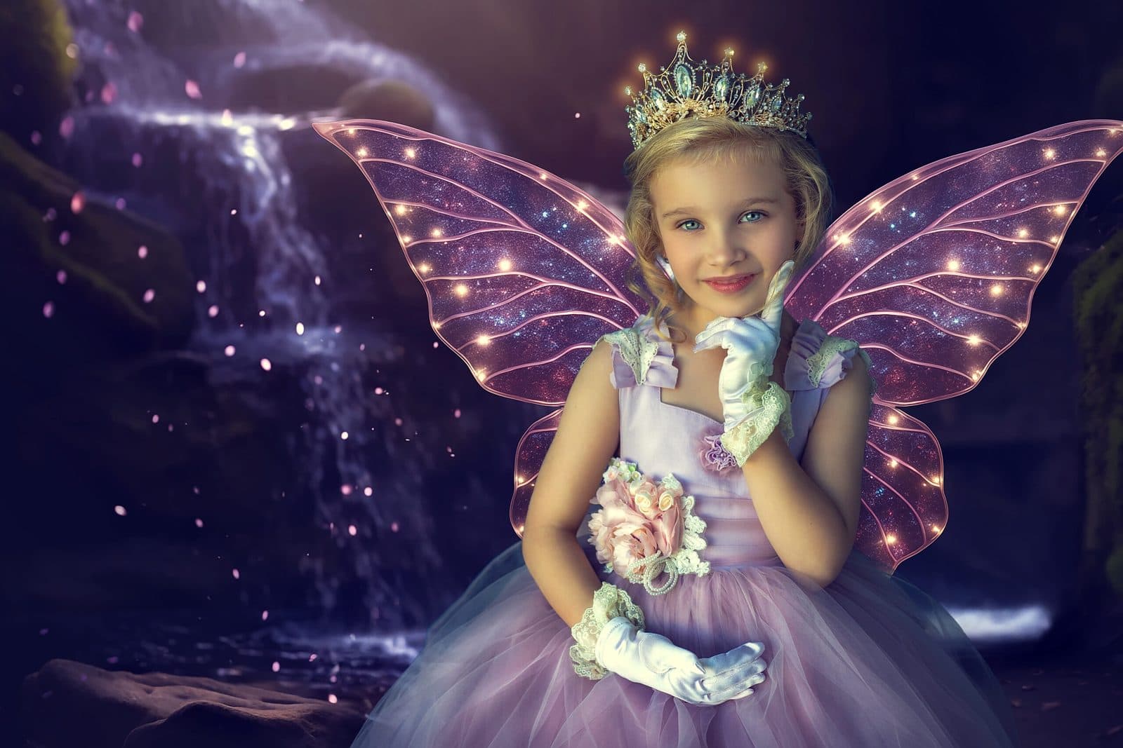 A child in fairy wings and a tiara, photographed for a magical kids session in Canberra